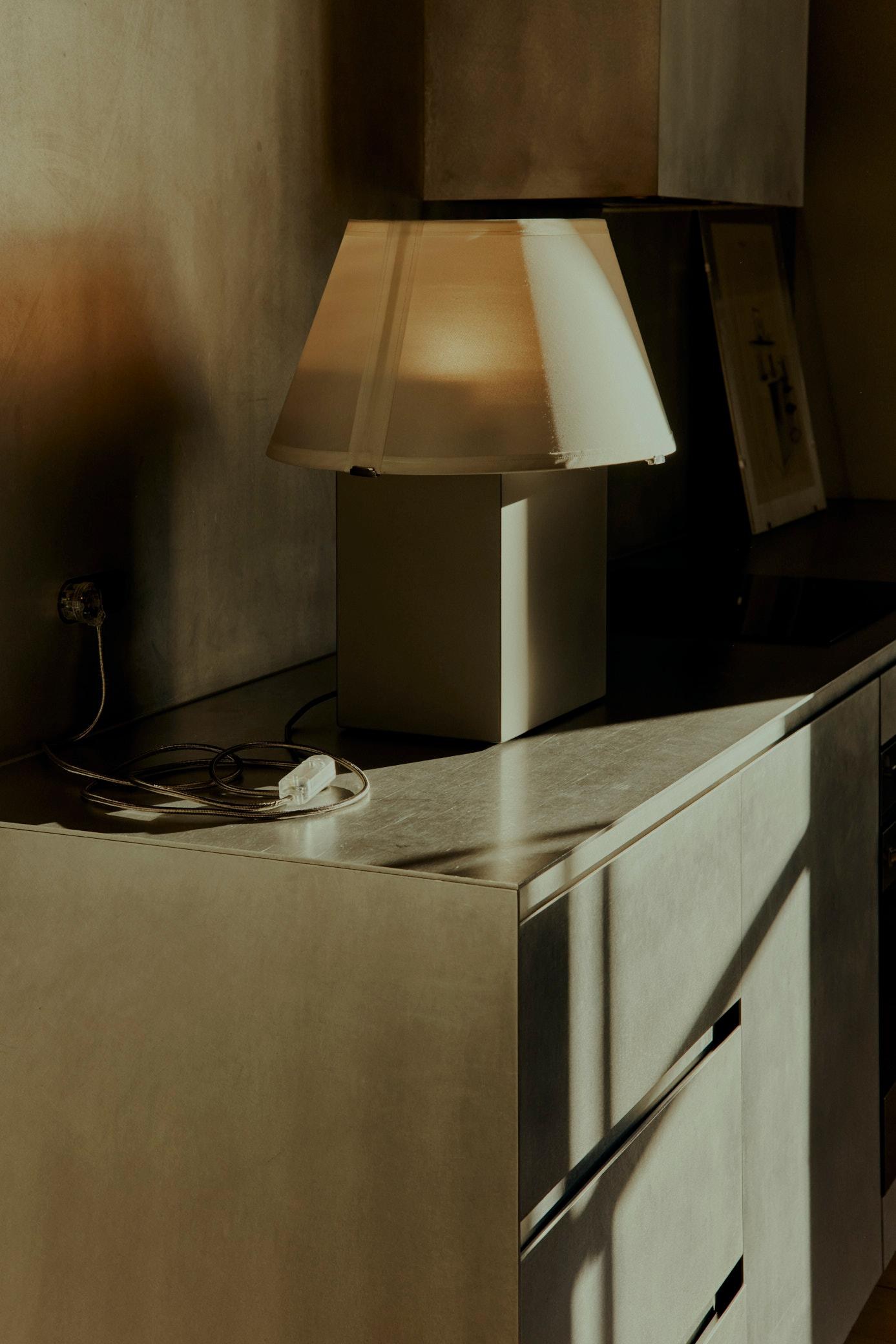 Table Lamp (L) Inside Out, 2025 — stainless steel base with silk organza shade
